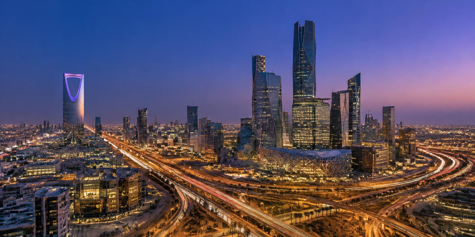 Riyadh skyline at blue hour with the King Abdullah Financial District