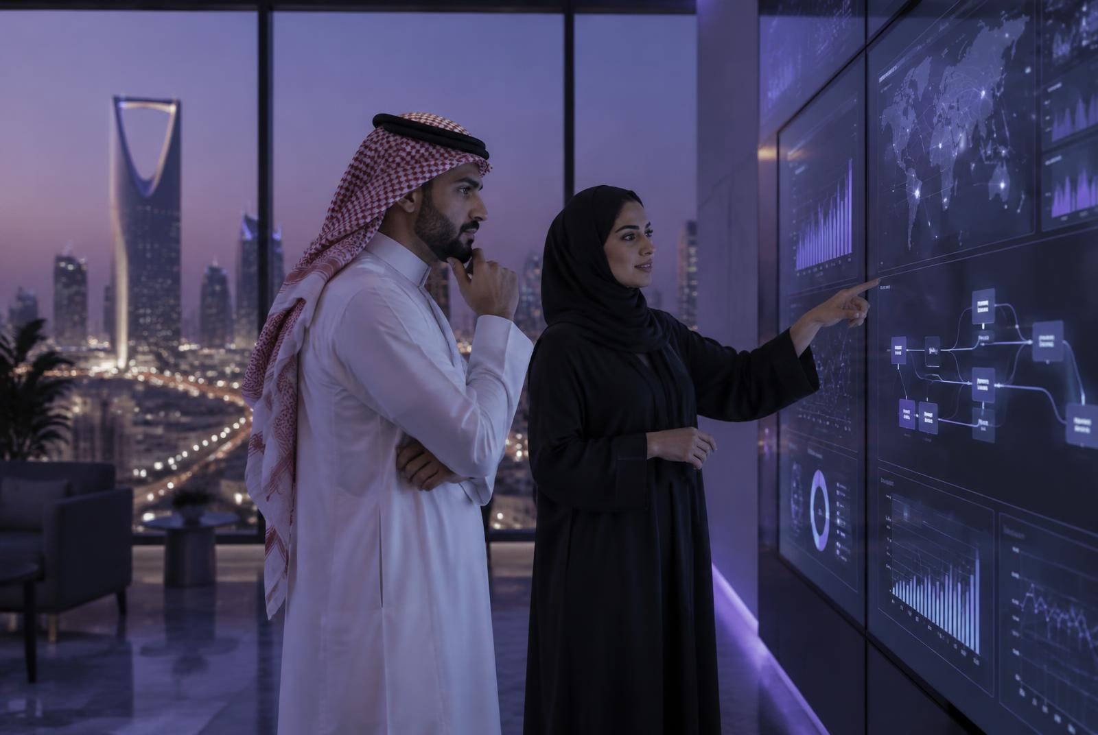 Two professionals reviewing connected data and integration flows on a display wall