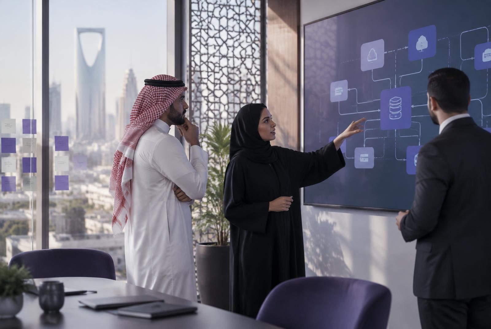 Team mapping a platform architecture on a wall display in a Riyadh office