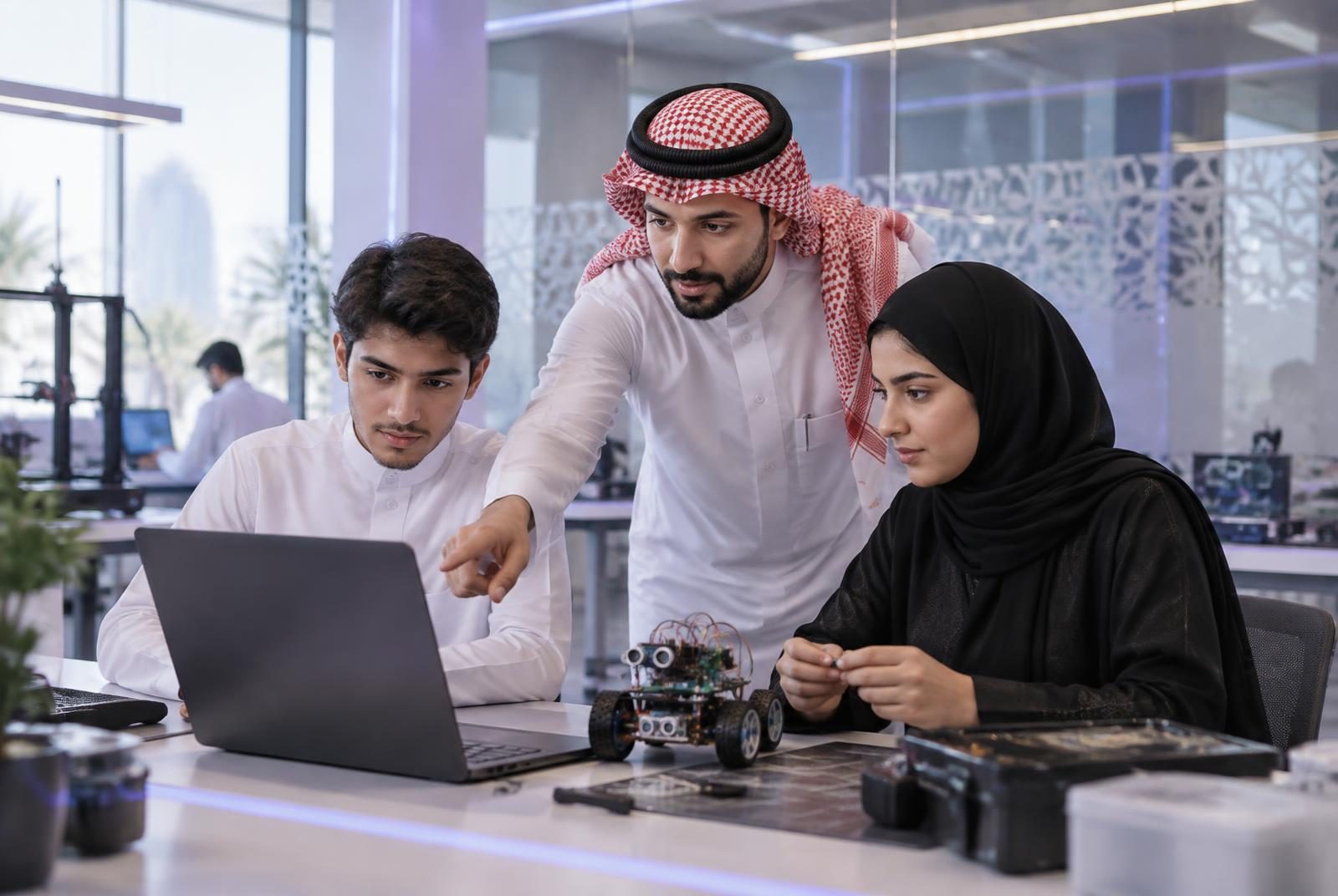 Trainees building digital skills with a mentor in a technical training lab