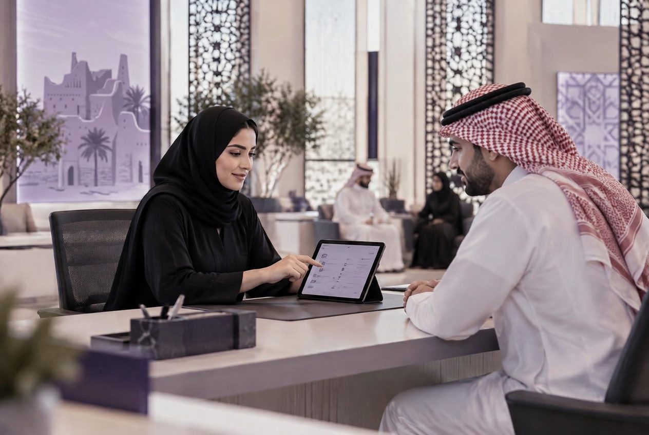 A service advisor helping a customer through a digital service request on a tablet