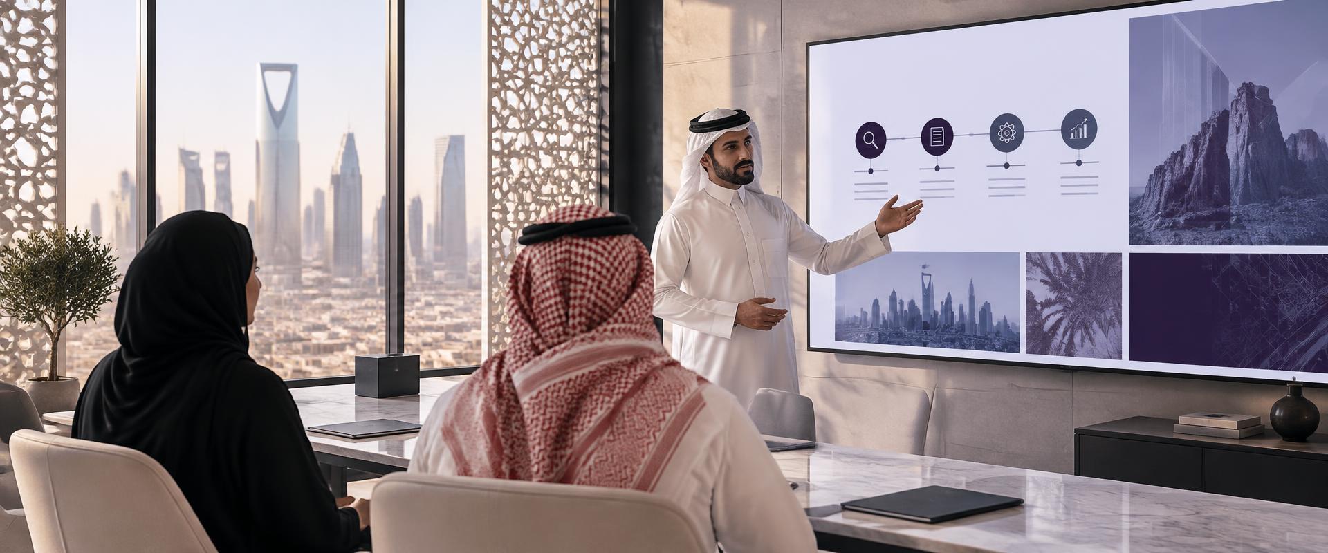 A consultant presenting a service roadmap to institutional leaders in a Riyadh office